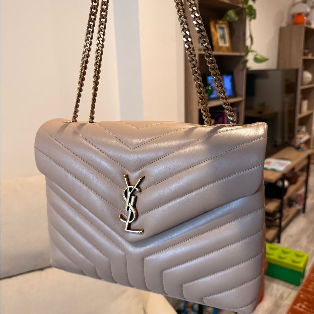Saint Laurent Quilted Logo Chain Shoulder Bag in Taupe